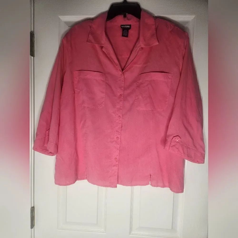 Vtg Nations Silk 2X 100%SILK  Pink 3/4 Slve Pockets ButtonsUp Women ShirtBlouse